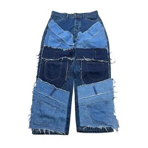 boohooMAN Patchwork Denim Jeans Multi Blue Distressed Raw Hem Men’s 34 NWT Retro